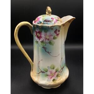 Antique Hand Painted Porcelain Chocolate Pot Pink Floral Gilt Beaded Victorian